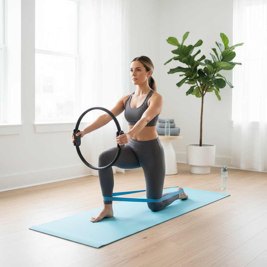Woman doing Pilates with magic circle ring and resistance bands at home