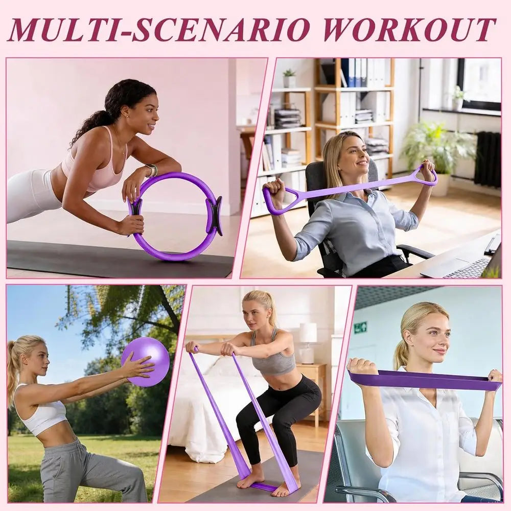 Pilates Ring & Small Ball Set or Women's 5 Resistance Bands, 14 Magic Circle, Home Workout Starter Kit for Beginners, Full-Body