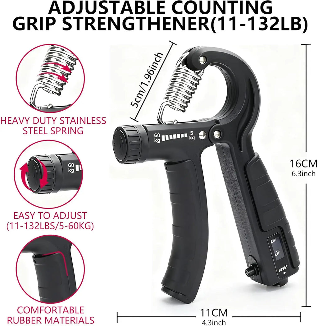 5-in-1 Grip Strength Trainer Kit with Counter, Adjustable 11-132 lbs, Finger Stretcher, Ring & Ball for Home Gym Arm Workout