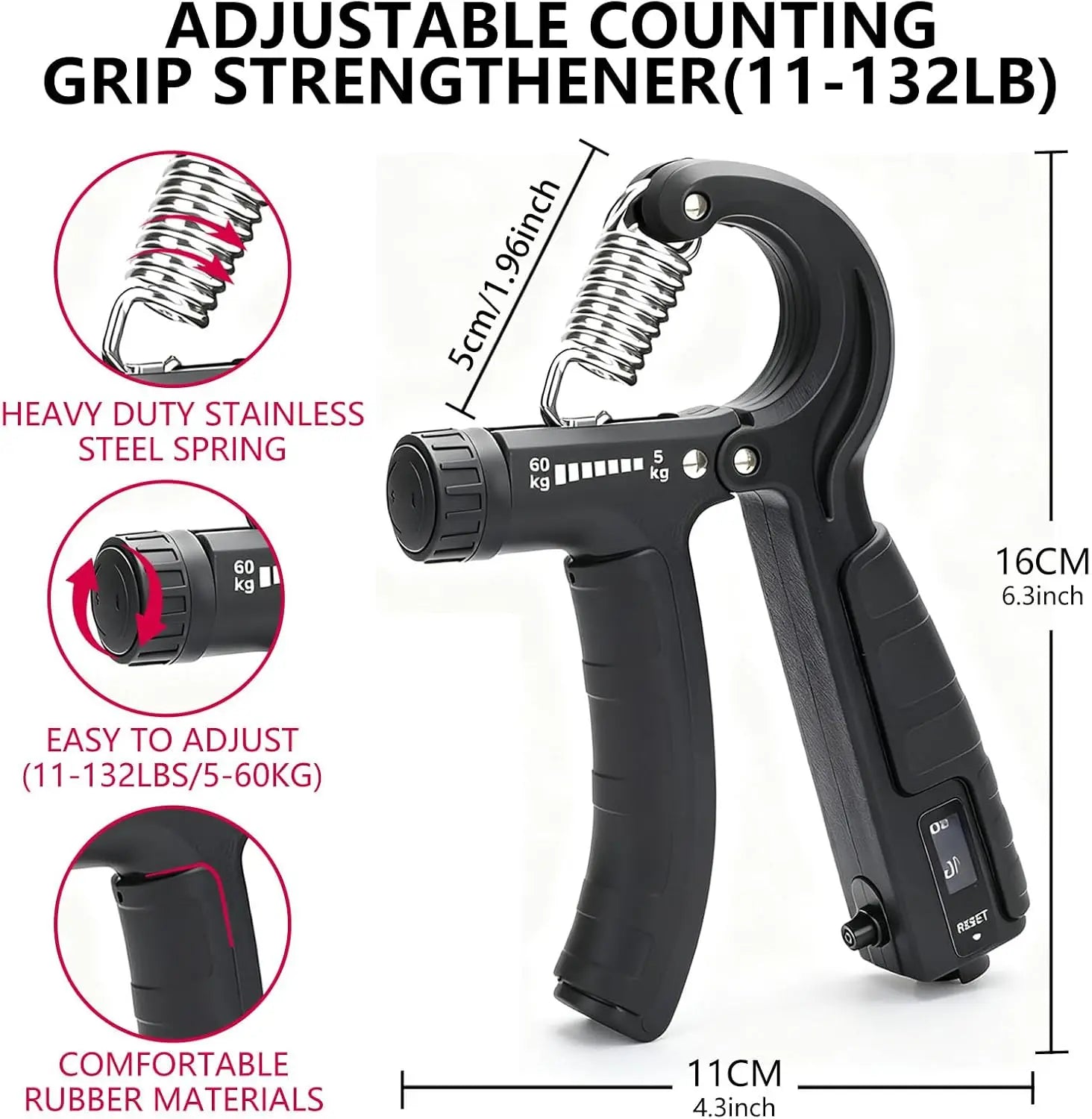 5-in-1 Grip Strength Trainer Kit with Counter, Adjustable 11-132 lbs, Finger Stretcher, Ring & Ball for Home Gym Arm Workout