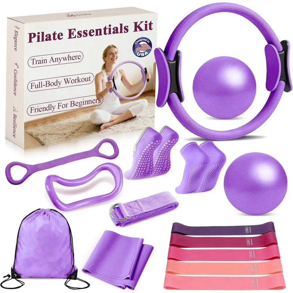 Pilates Ring & Small Ball Set or Women's 5 Resistance Bands, 14 Magic Circle, Home Workout Starter Kit for Beginners, Full-Body
