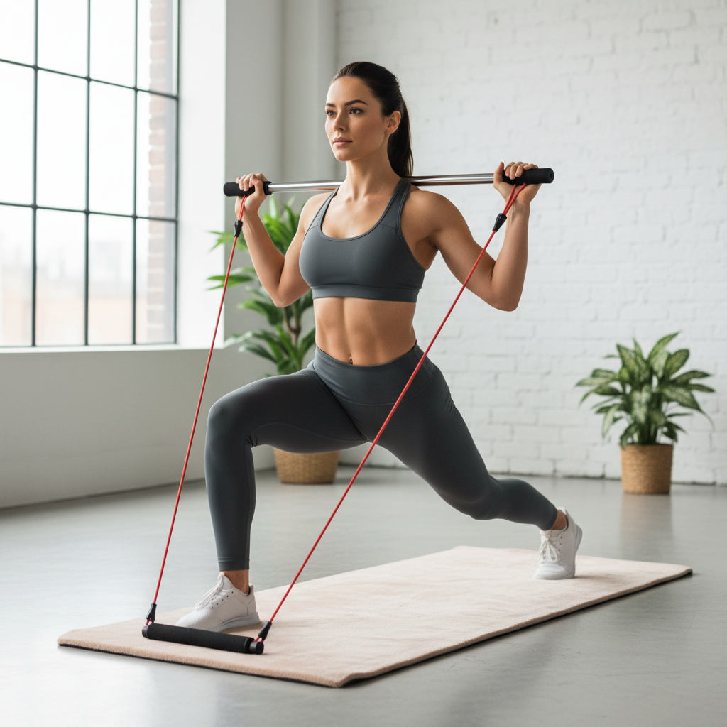 Woman using Pilates bar kit with resistance bands in home gym