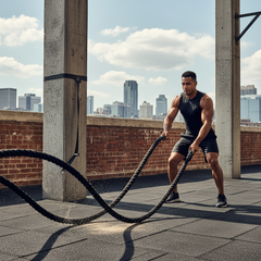 Athlete doing battle rope wave exercises outdoors