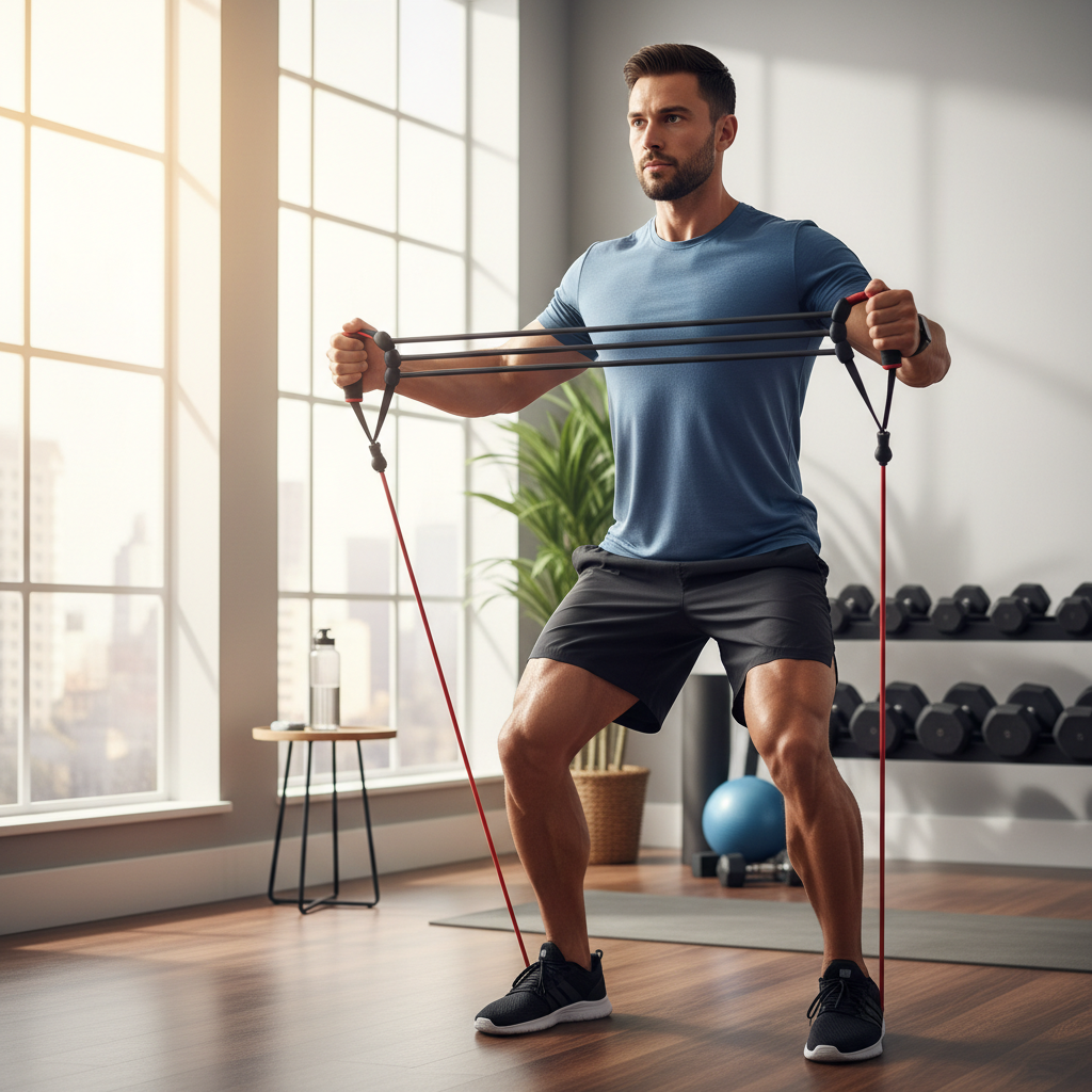 Man using chest expander resistance band trainer for upper body workout